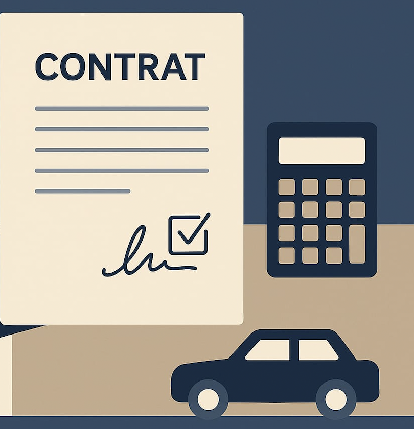 dessin représentant un contrat avec une case coché en bas à droite avec marqué "lu"
à droite du contrat se trouve un dessin de calculatrice
et en bas à droite se trouve un dessin d'une automobile