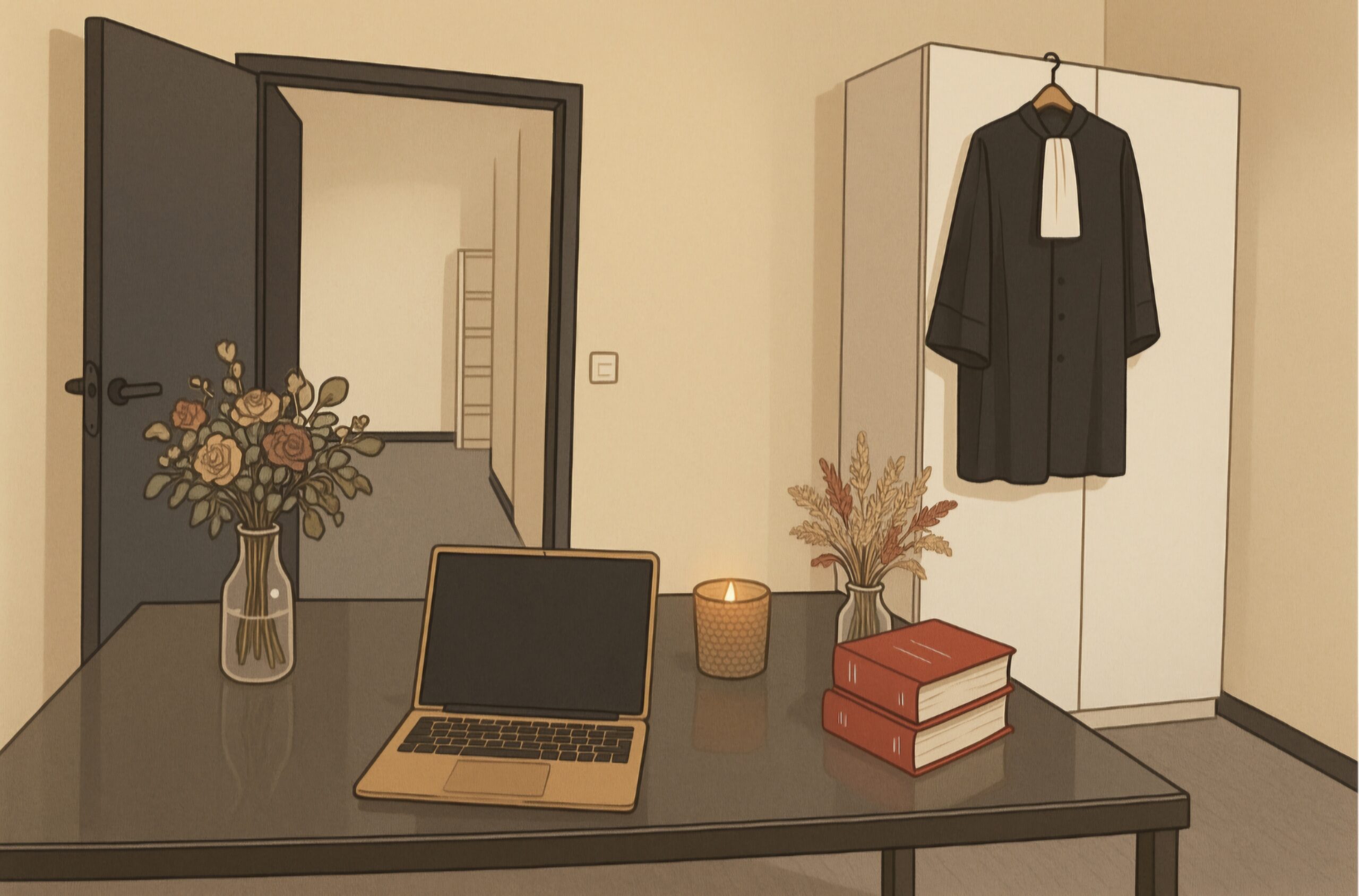 L’image représente une illustration d’un bureau d’avocat :
À l’avant-plan, une table avec un ordinateur portable, une bougie, deux livres rouges empilés et un vase avec des fleurs séchées.
À gauche, un autre vase de fleurs fraîches posé sur la table.
À l’arrière-plan, on distingue une porte entrouverte donnant sur un couloir.
À droite, une armoire blanche avec une robe d’avocat noire suspendue.